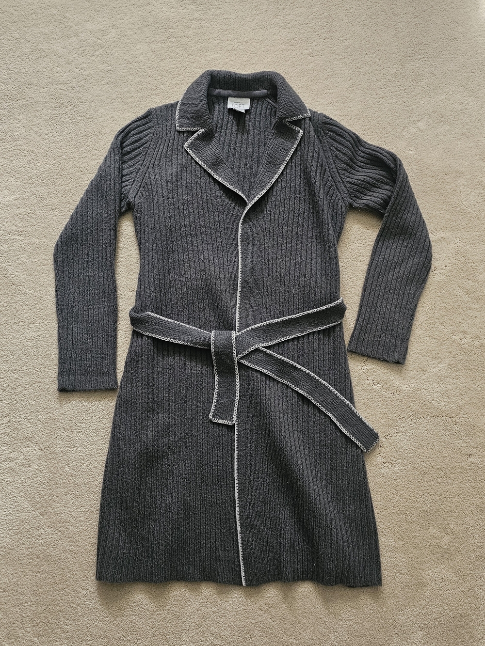 LOFT Anne Tayloe Charcoal Ribbed Belted Trench Cardigan with Contrast Trim